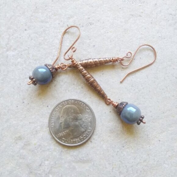 Handmade! Beautiful Denim Blue Beads & Copper Hardware - Unique Dangle Earrings - Picture 8 of 10